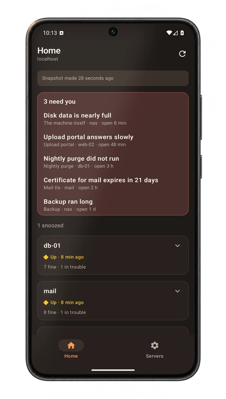 The Dokkit app for Android, showing what needs you on a sample company